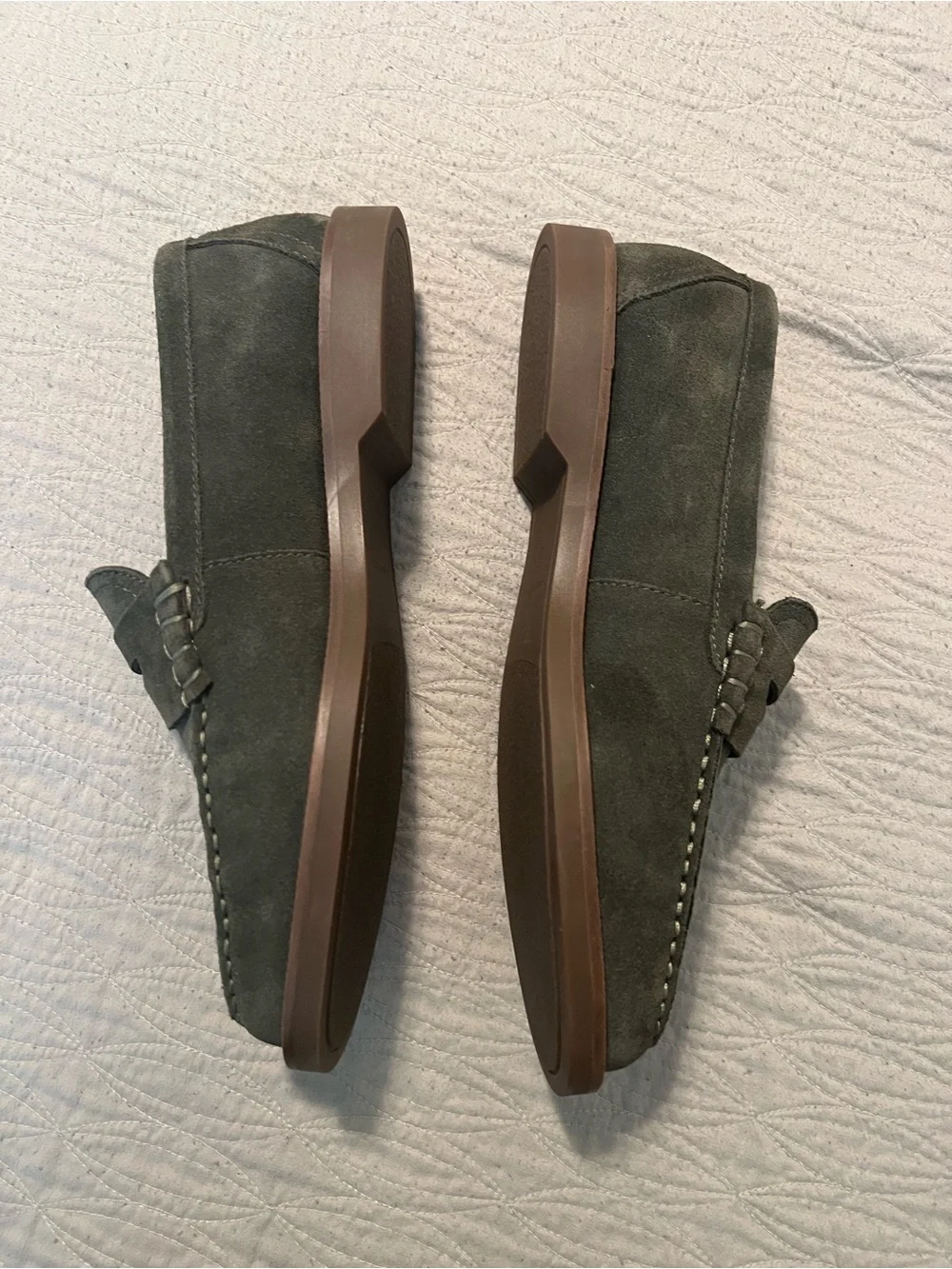Banana Republic Olive Green Suede Penny Loafers with Brown Trim